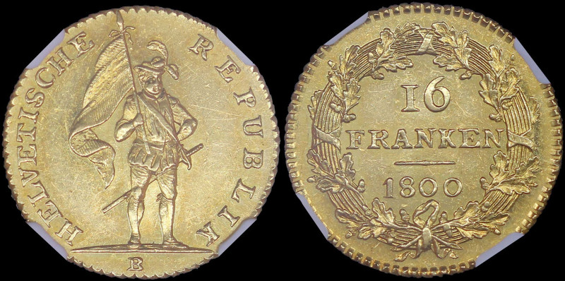 SWITZERLAND: 16 Franken (1800 B) in gold (0,900). Standing Swiss holding flag an...