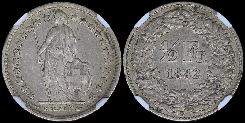 SWITZERLAND: 1/2 Franc (1882 B) in silver (0,835). Standing Helvetia with lance ...