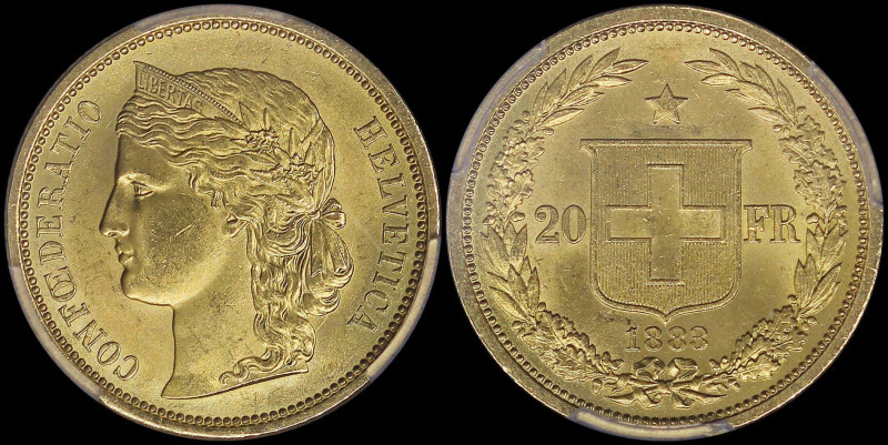 SWITZERLAND: 20 Francs (1883) in gold (0,900). Crowned head of Helvetia facing l...