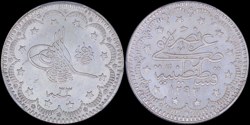 TURKEY: 5 Kurush [AH1293//33 (1907)] in silver (0,830). Toughra & "el-Ghazi" to ...