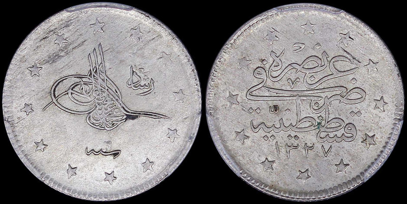 TURKEY: 2 Kurush [AH1327//6/2 (1914)] in silver (0,830). Toughra "Reshat" to rig...