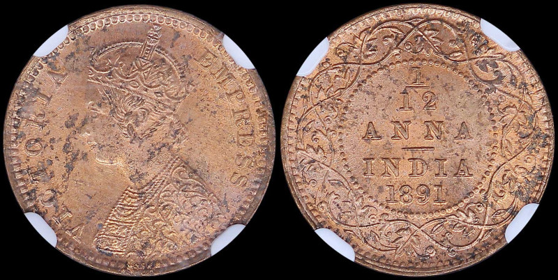 INDIA / BRITISH: 1/12 Anna (=1 Pie) [1891 (c)] in copper. Crowned bust of Queen ...