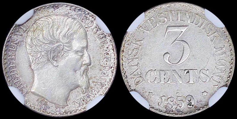 DANISH WEST INDIES: 3 Cents [1859 (o)] in silver (0,625). Head of Frederik VII f...