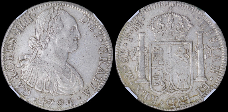 MEXICO: 8 Reales (1794MO FM) in silver (0,896). Laurete bust of Charles IIII fac...