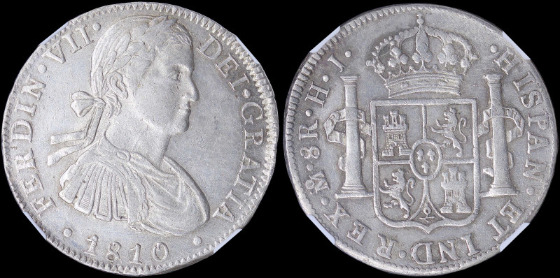 MEXICO: 8 Reales (1810Mo HJ) in silver (0,896). Armored laureate bust of Ferdina...