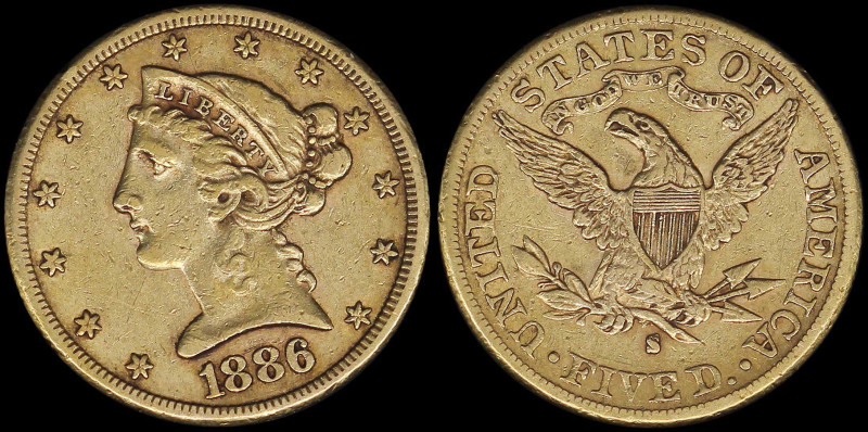 USA: 5 Dollars (1886 S) in gold (0,900). Head of Liberty facing left on obverse....