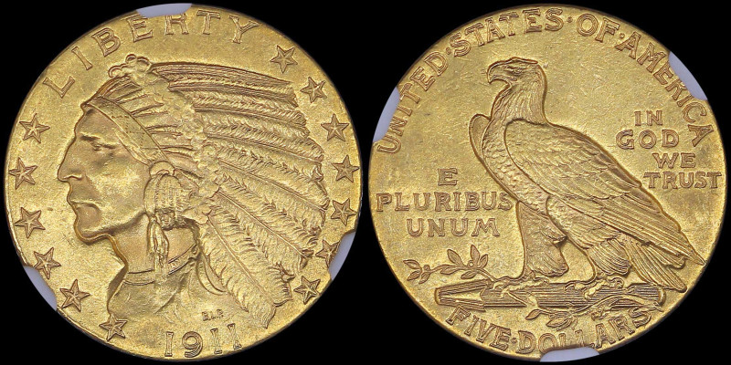 USA: 5 Dollars (1911) in gold (0,900). Indian head facing left on obverse. Ameri...