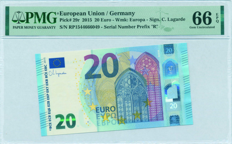 EUROPEAN UNION / GERMANY: 20 Euro (2015) in blue and multicolor. Gate in gothic ...