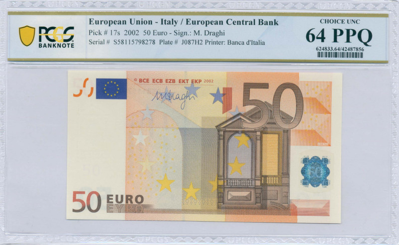 EUROPEAN UNION / ITALY: 50 Euro (2002) in orange and multicolor. Gate in renaiss...