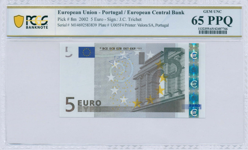 EUROPEAN UNION / PORTUGAL: 5 Euro (2002) in gray and multicolor. Gate in classic...