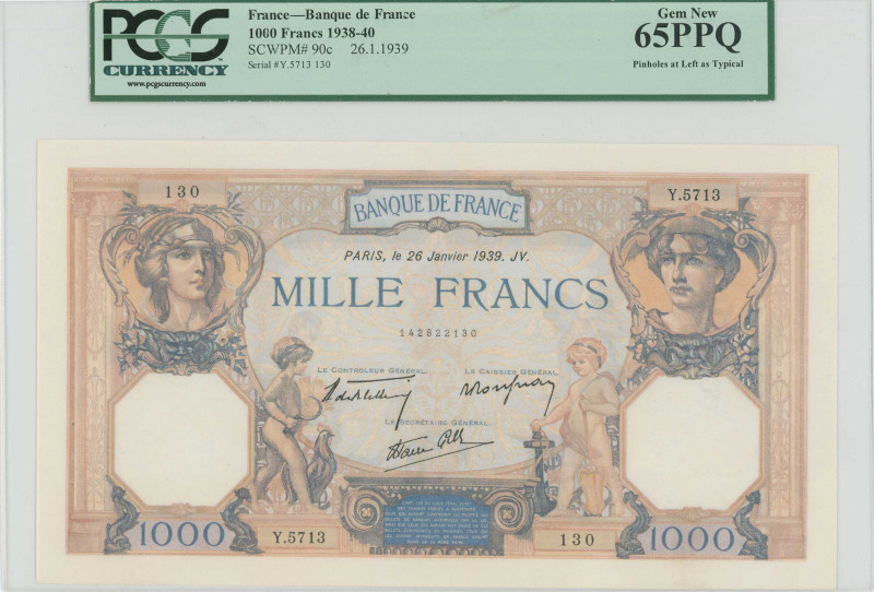 FRANCE: 1000 Francs (26.1.1939) in ochre, blue and multicolor. Ceres at left, Me...