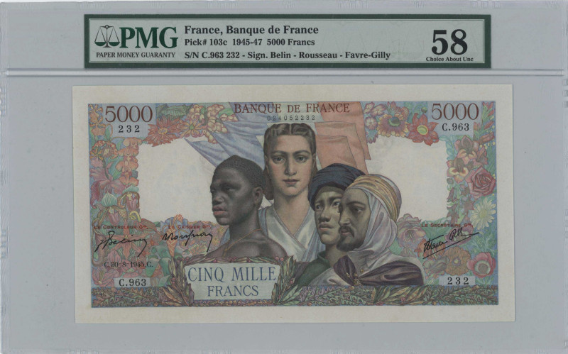 FRANCE: 5000 Francs (30.8.1945) in brown, red and multicolor. Allegory of France...