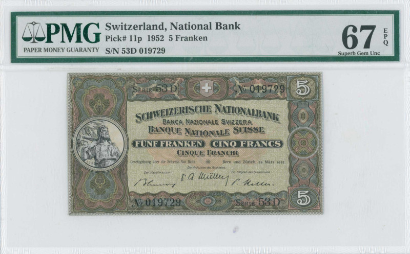 SWITZERLAND: 5 Franken (28.3.1952) in red, blue and black on olive-green unpt. W...