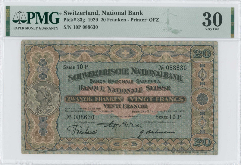 SWITZERLAND: 20 Franken (19.2.1929) in blue, green and brown. William Tell monum...