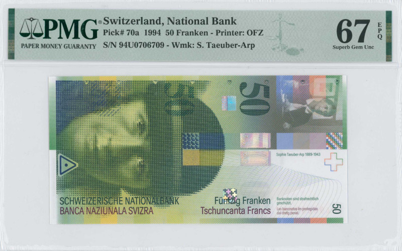 SWITZERLAND: 50 Franken (1994) in deep olive-green and purple on multicolor unpt...