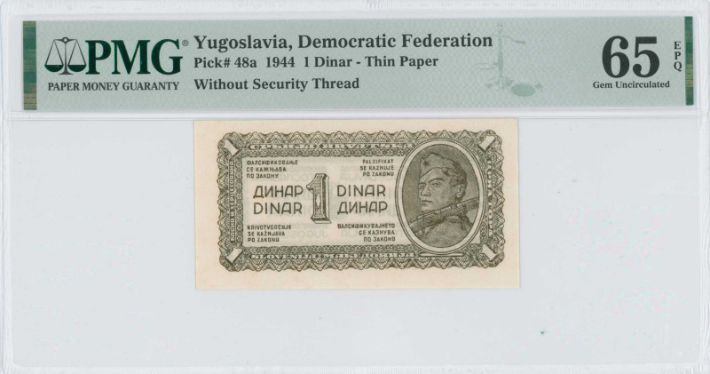 YUGOSLAVIA: 1 Dinar (ND 1944) in olive-brown. Soldier with rifle at right on fac...