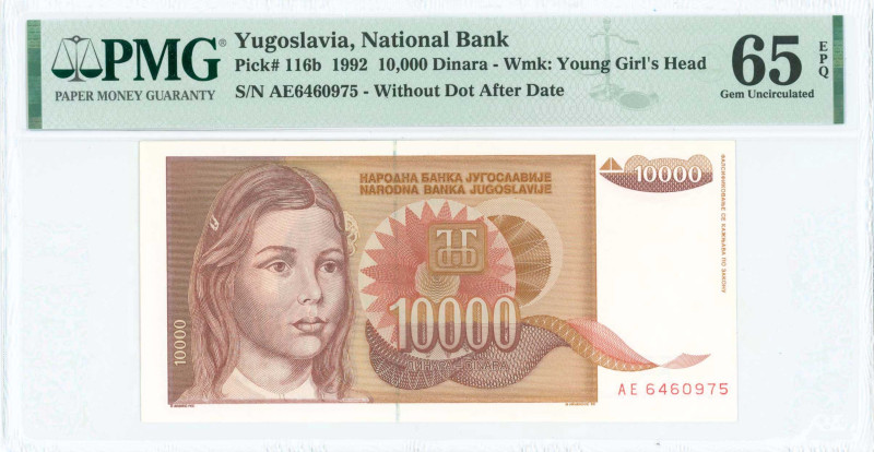 YUGOSLAVIA: 10000 Dinara (1992) in shades of brown and salmon on tan unpt. Young...