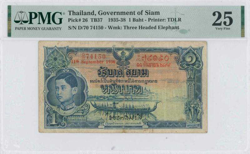 THAILAND: 1 Baht (11.9.1936) in blue on orange and light green. Portrait of King...