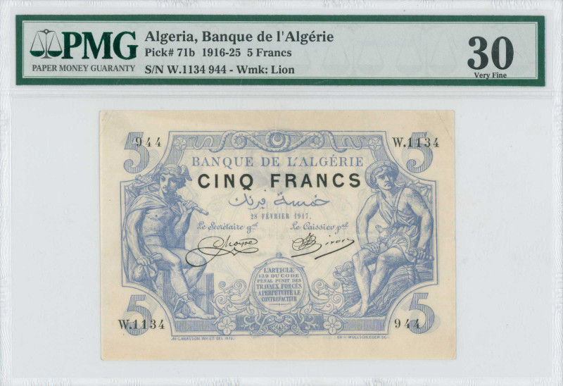 ALGERIA: 5 Francs (28.2.1917) in blue. Mercury seated at left and peasant seated...