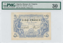 ALGERIA: 5 Francs (28.2.1917) in blue. Mercury seated at left and peasant seated at right on face. S/N: "W.1134944". WMK: Lion. Inside holder by PMG "...
