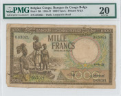 BELGIAN CONGO: 1000 Francs (10.4.1947) in brown-black, yellow and blue. Three Warega fisherman at left on face. S/N: "D 83021". WMK: Leopard head. Pri...
