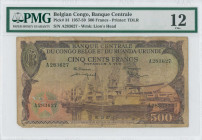 BELGIAN CONGO: 500 Francs (1.10.1957) in brown-violet on multicolor unpt. Ships dockside at Leo-Kinshasa wharf at center on face. S/N: "A 283627". WMK...