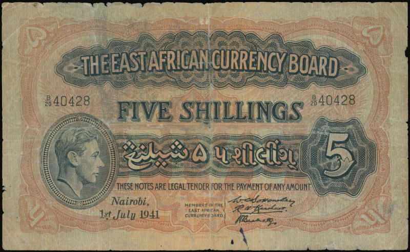 EAST AFRICA: 5 Shillings (1.7.1941) in blue-black on brown unpt. Portrait of Kin...