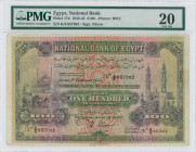 EGYPT: 100 Pounds (1.2.1943) in brown, red and green. Citadel of Cairo at left and mosque at right on face. S/N: "K/6 057302". Signature by Nixon. Pri...