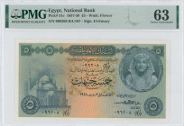 EGYPT: 5 Pounds (1958) in dark green, gray blue and brown. Tutankhamen facing at right on face. S/N: "096208 BA/167". WMK: Flower. Signature by El-Ema...