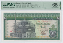 EGYPT: 20 Pounds (1976) in green and black on multicolor unpt. Mohammed Ali mosque at left on face. S/N: "20/L 0243867". WMK: Egyptian scribe. Inside ...