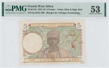 FRENCH WEST AFRICA: 5 Francs (2.3.1943) in multicolor. Man at center and value, date and signature in red on face. S/N: "Q.13312 389". WMK: Man head. ...