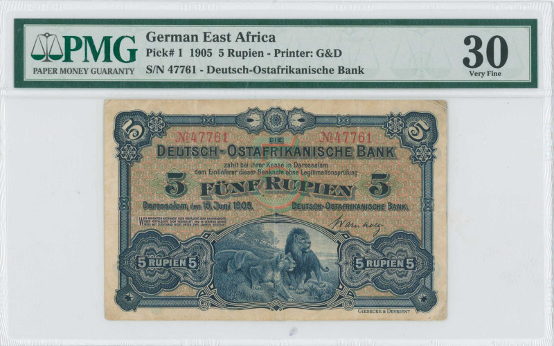 GERMAN EAST AFRICA: 5 Rupien (15.6.1905) in blue on brown and multicolor unpt. T...