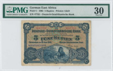 GERMAN EAST AFRICA: 5 Rupien (15.6.1905) in blue on brown and multicolor unpt. Two lions at bottom center on face. S/N: "47761". Printed by G&D. Insid...