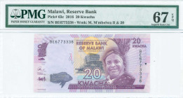 MALAWI: 20 Kwacha (1.1.2016) in purple and orange on multicolor unpt. Inkosi ya Makhosi Mmbelwa II at center right on face. S/N: "BE 6773338". WMK: In...