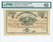 MAURITIUS: Remainder of 10 Dollars (2.3.1843) in black. Waterfront scene at center on face. S/N: "3397". WMK: Bank title. Inside holder by PMG "Uncirc...