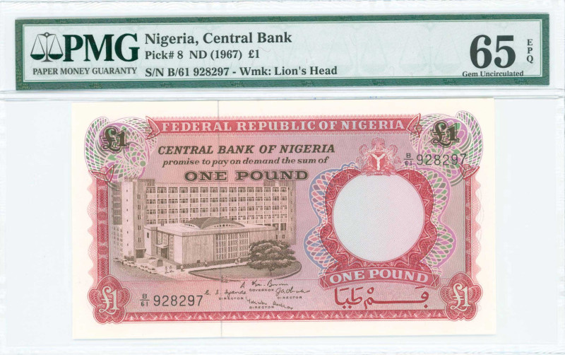 NIGERIA: 1 Pound (ND 1967) in red and dark brown. Bank building at left on face....