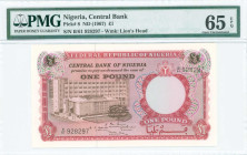 NIGERIA: 1 Pound (ND 1967) in red and dark brown. Bank building at left on face. S/N: "B/61 928297". WMK: Lion head. Inside holder by PMG "Gem Uncircu...