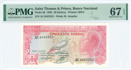 SAINT THOMAS & PRINCE: 50 Dobras (Law 30.9.1982) in red and multicolor. African gray parrot at center, Rei Amador at right and arms at lower left on f...