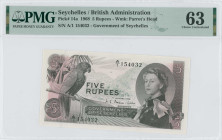 SEYCHELLES: 5 Rupees (1.1.1968) in dark brown on multicolor unpt. Queen Elizabeth II at right on face. S/N: "A/1 154032". WMK: Head of black parrot. P...