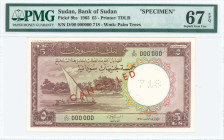 SUDAN: Specimen of 5 Pounds (2.3.1965) in lilac-brown on multicolor unpt. Dhow at left on face. S/N: "D/00 0000000". Red diagonal ovpt "CANCELLED" at ...