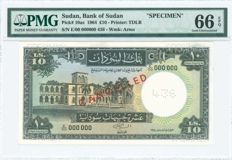 SUDAN: Specimen of 10 Pounds (6.3.1964) in gray-black on multicolor unpt. The Ba...