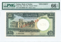 SUDAN: Specimen of 10 Pounds (6.3.1964) in gray-black on multicolor unpt. The Bank of Sudan at left on face. S/N: "E/00 0000000". Red diagonal ovpt "C...
