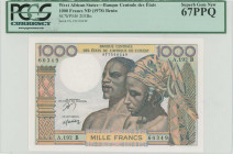 WEST AFRICAN STATES / BENIN: 1000 Francs (ND 1978) in brown, blue and multicolor. Man and woman at center on face. S/N: "A.192B 60349". WMK: Man head....
