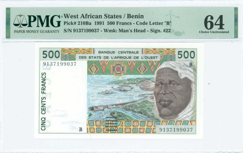 WEST AFRICAN STATES / BENIN: 500 Francs (1991) in dark brown and dark green on m...