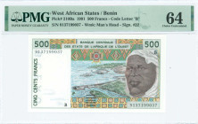 WEST AFRICAN STATES / BENIN: 500 Francs (1991) in dark brown and dark green on multicolor unpt. Flood control dam at center and man at right on face. ...
