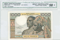WEST AFRICAN STATES / IVORY COAST: 1000 Francs (ND) in brown, blue and multicolor. Man and woman at center on face. S/N: "T.140 62048". Code letter A....