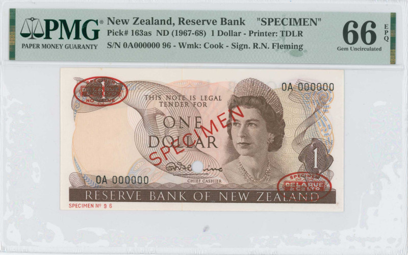 NEW ZEALAND: Specimen of 1 Dollar (ND 1967-68) in brown on multicolor unpt. Quee...