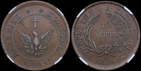GREECE: 10 Lepta (1828) (type A.1) in copper. Phoenix with converging rays on obverse. Variety "162-B.b" by Peter Chase. Coin alignment. Inside slab b...