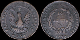 GREECE: 10 Lepta (1830) (type B.2) in copper. Phoenix (big) in pearl circle on obverse. Variety "280-N.j2" (Scarce) by Peter Chase. (Hellas 17.7). Fin...