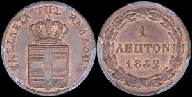 GREECE: 1 Lepton (1832) (type I) in copper. Royal coat of arms and inscription "ΒΑΣΙΛΕΙΑ ΤΗΣ ΕΛΛΑΔΟΣ" on obverse. Inside slab by PCGS "MS 64 RB". (Hel...
